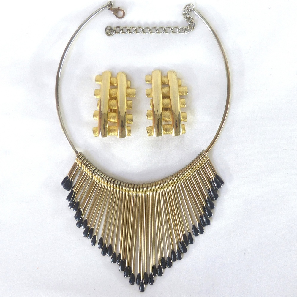Gold with black bead necklace and earrings